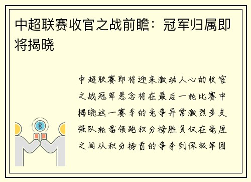 中超联赛收官之战前瞻：冠军归属即将揭晓